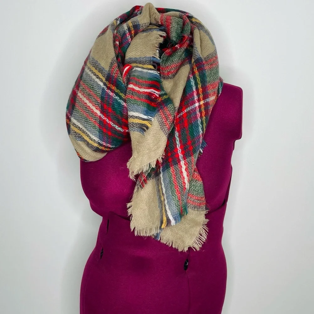 Vintage plaid multicolor blanket scarf fringe detailing perfect for Fall Winter